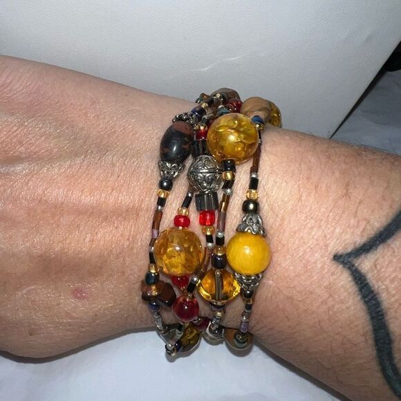 Boho Glass, Wood and Seed Bead Multi Strand Stretch Bracelet - Picture 1 of 7